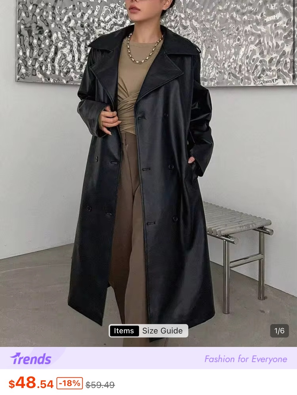 Black Faux Leather Long Trench Coat
